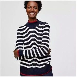 LOFT Nautical Cotton Navy Blue & White Stripe w/ Red Trim Cable Knit Sweater, L